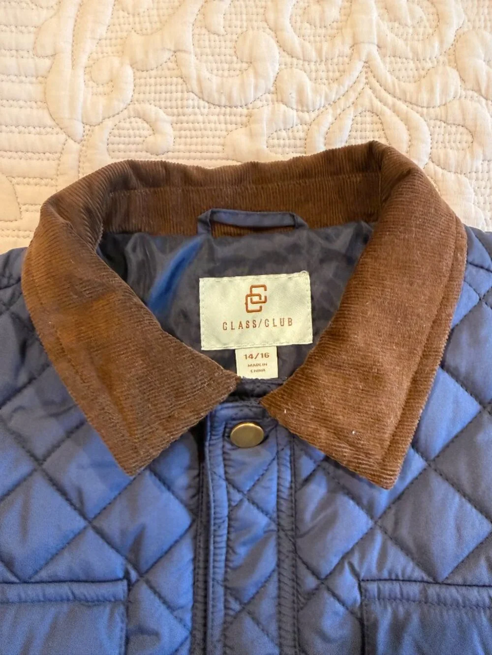 Class Club Boys Blue Quilted Barn Jacket Corduroy Collar Size 14/16